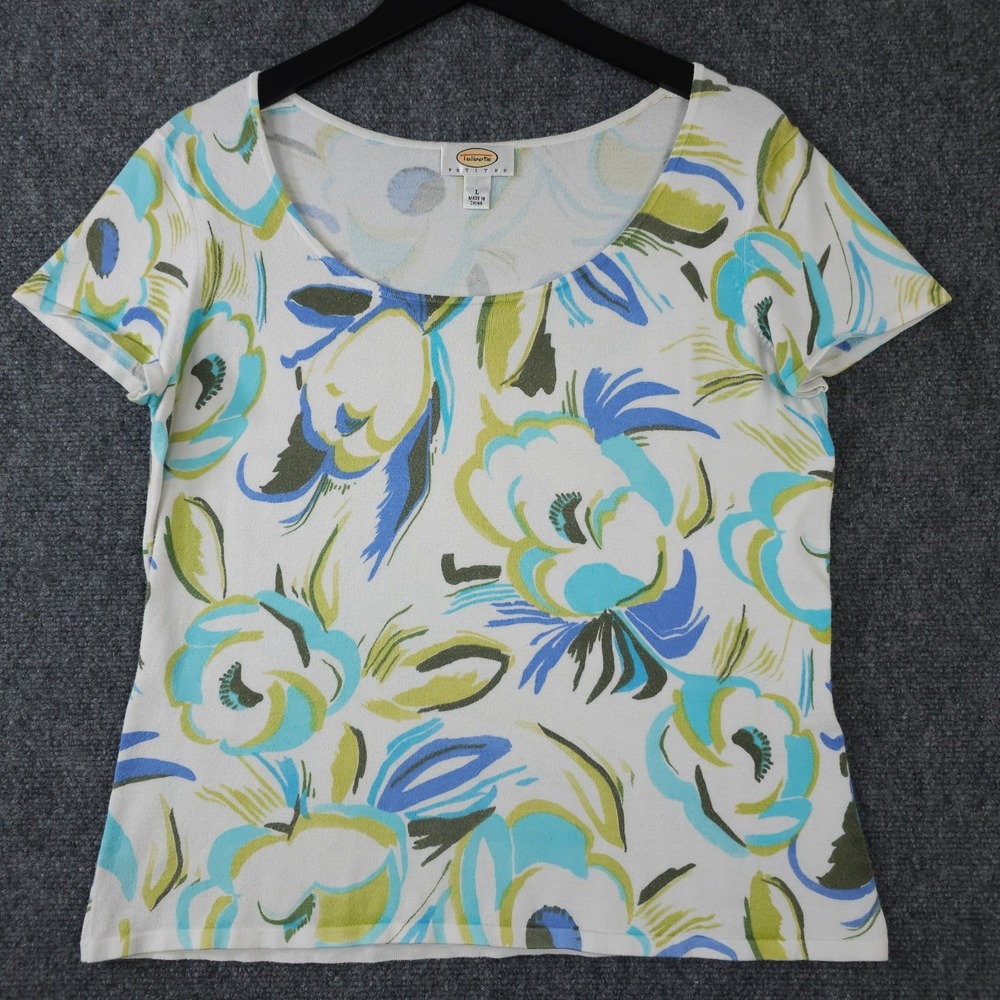 Vintage Talbots Sweater Women Large White Blue Green Floral Knit Top Lightweight